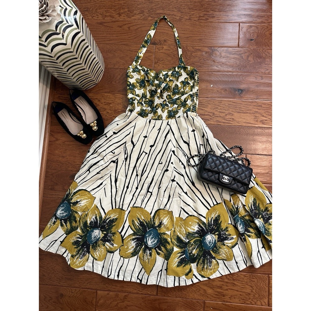 Anthropologie Girls from Savoy Halter Dress Size 14 Yellow Floral Cotton A-Line